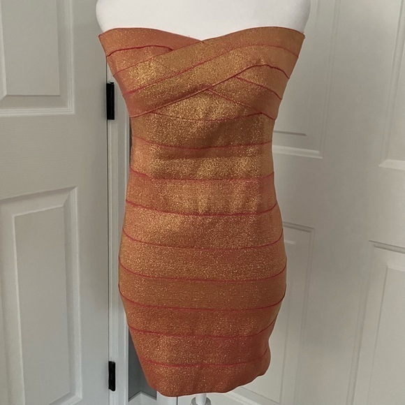 Bodycon Strapless‎ Dress 28”Bandage Pink Gold Foil Disco Party Y2K Swiftie Lover - Picture 1 of 11